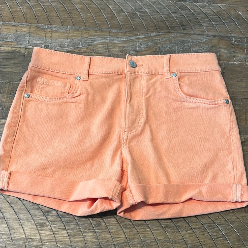 LOFT Orange Jean Shorts with Cuffed Hem and Mid-Length Cut